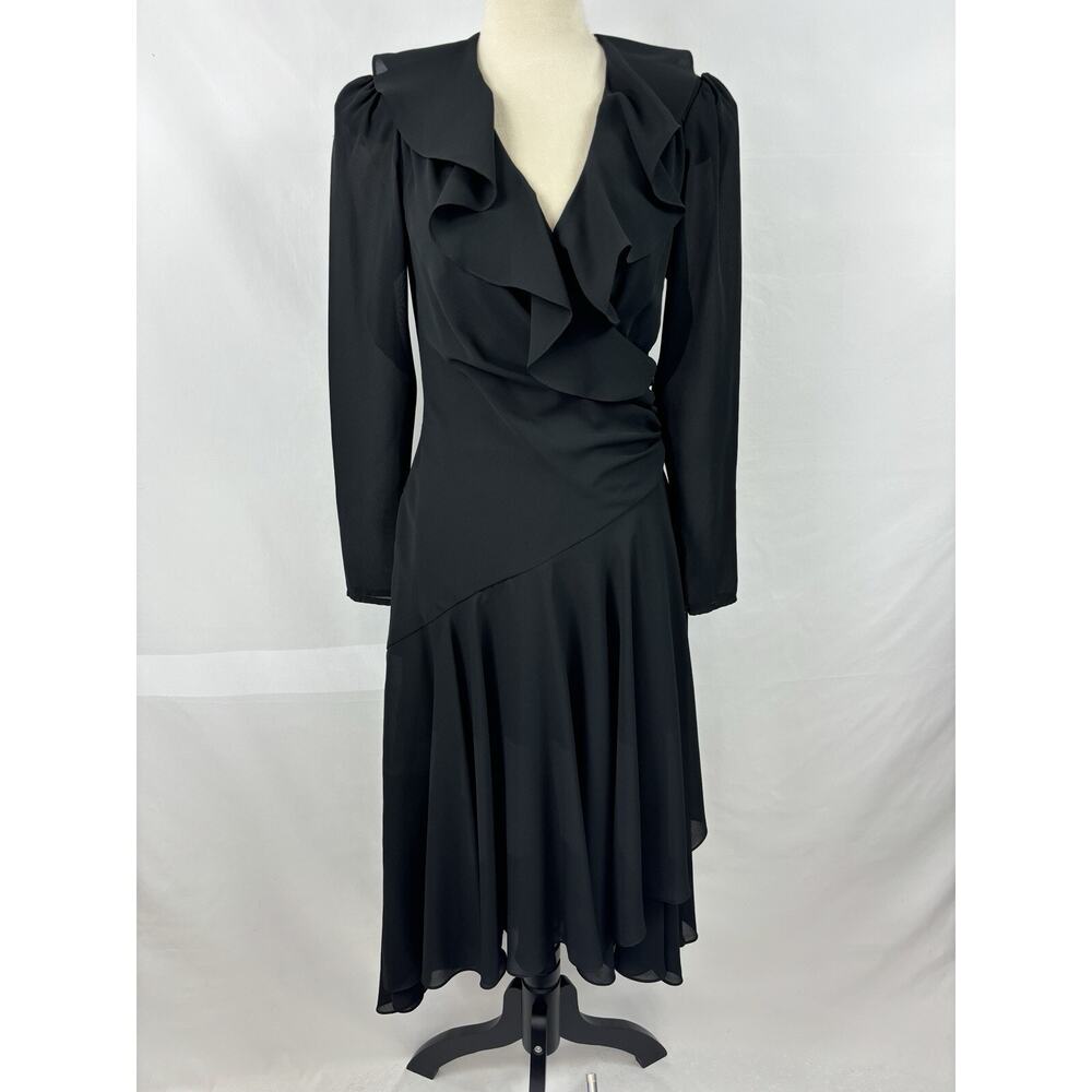 Joy Stevens California Wrap Dress Black 6 Sheer Ruffles Cut Out Long Sleeve